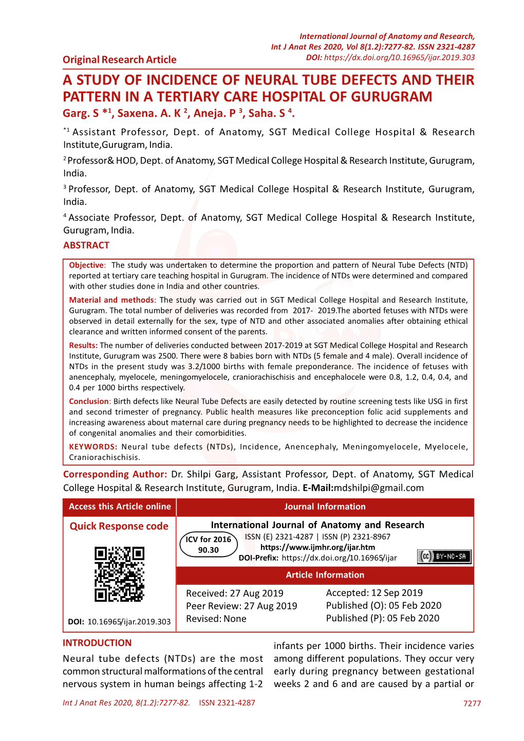 A STUDY of INCIDENCE of NEURAL TUBE DEFECTS and THEIR PATTERN in a TERTIARY CARE HOSPITAL of GURUGRAM Garg