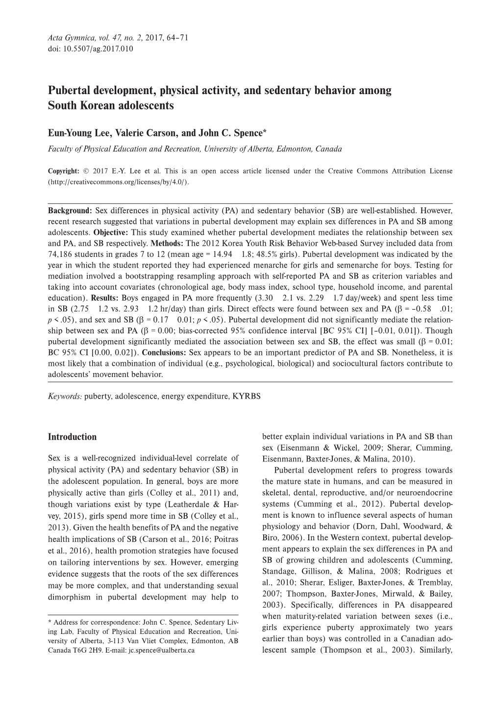 Pubertal Development, Physical Activity, and Sedentary Behavior Among South Korean Adolescents