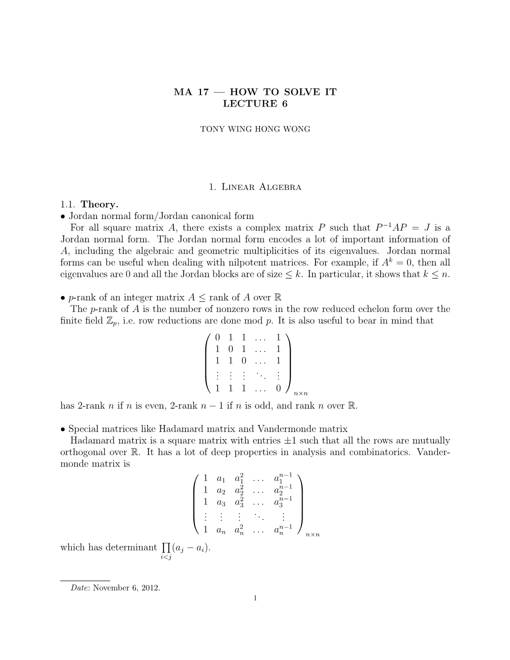 HOW to SOLVE IT LECTURE 6 1. Linear Algebra 1.1. Theory