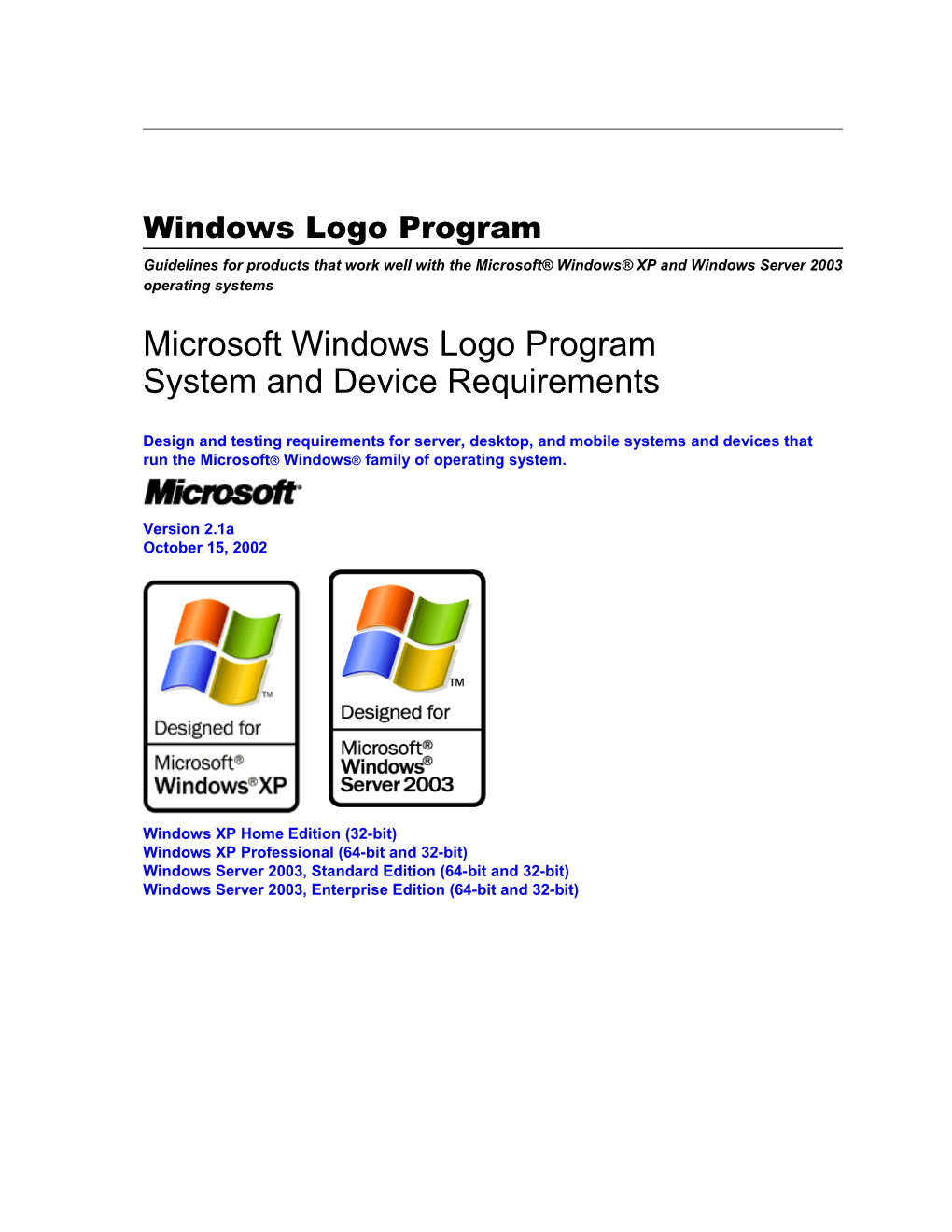 Microsoft Windows Logo Program System and Device Requirements