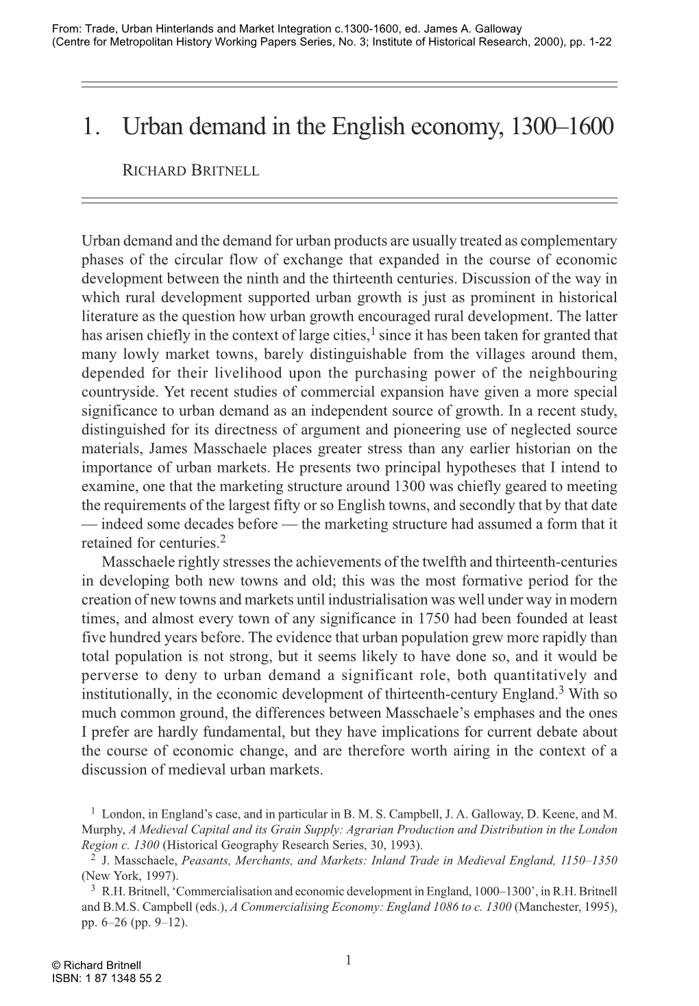 1. Urban Demand in the English Economy, 1300–1600