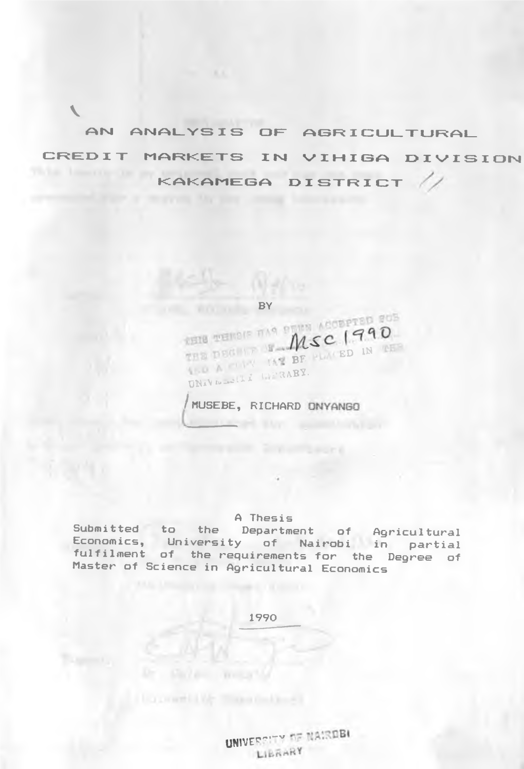 An Analysis of Agricultural Credit Markets in Vihiga Division of Kakamega District, Kenya