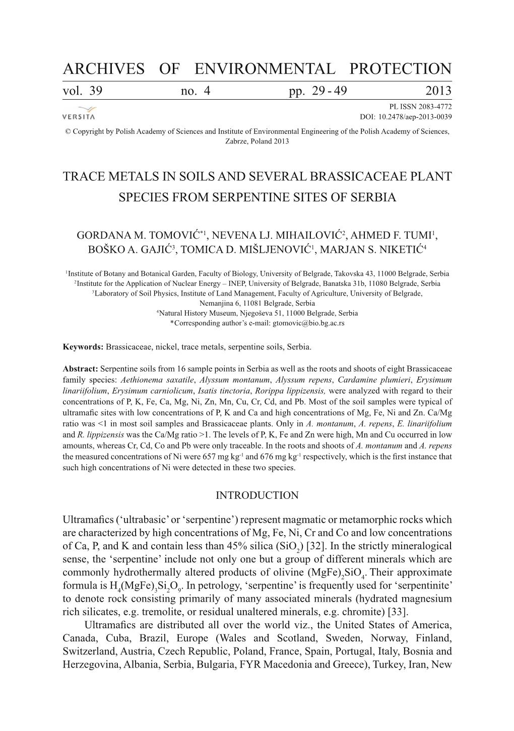 Trace Metals in Soils and Several Brassicaceae Plant Species from Serpentine Sites of Serbia