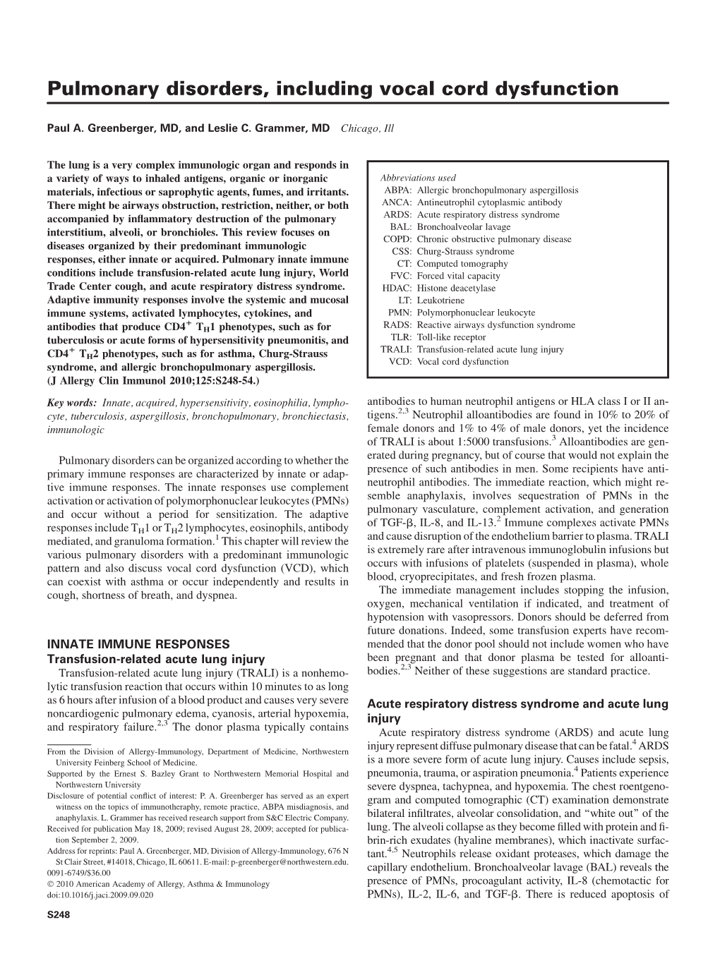 Pulmonary Disorders, Including Vocal Cord Dysfunction