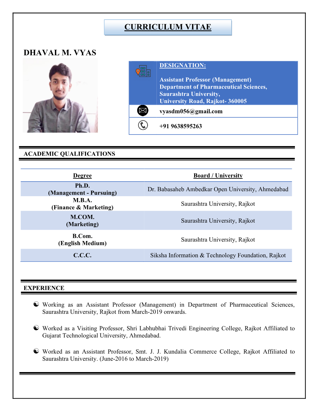 Dhaval M. Vyas Curriculum Vitae