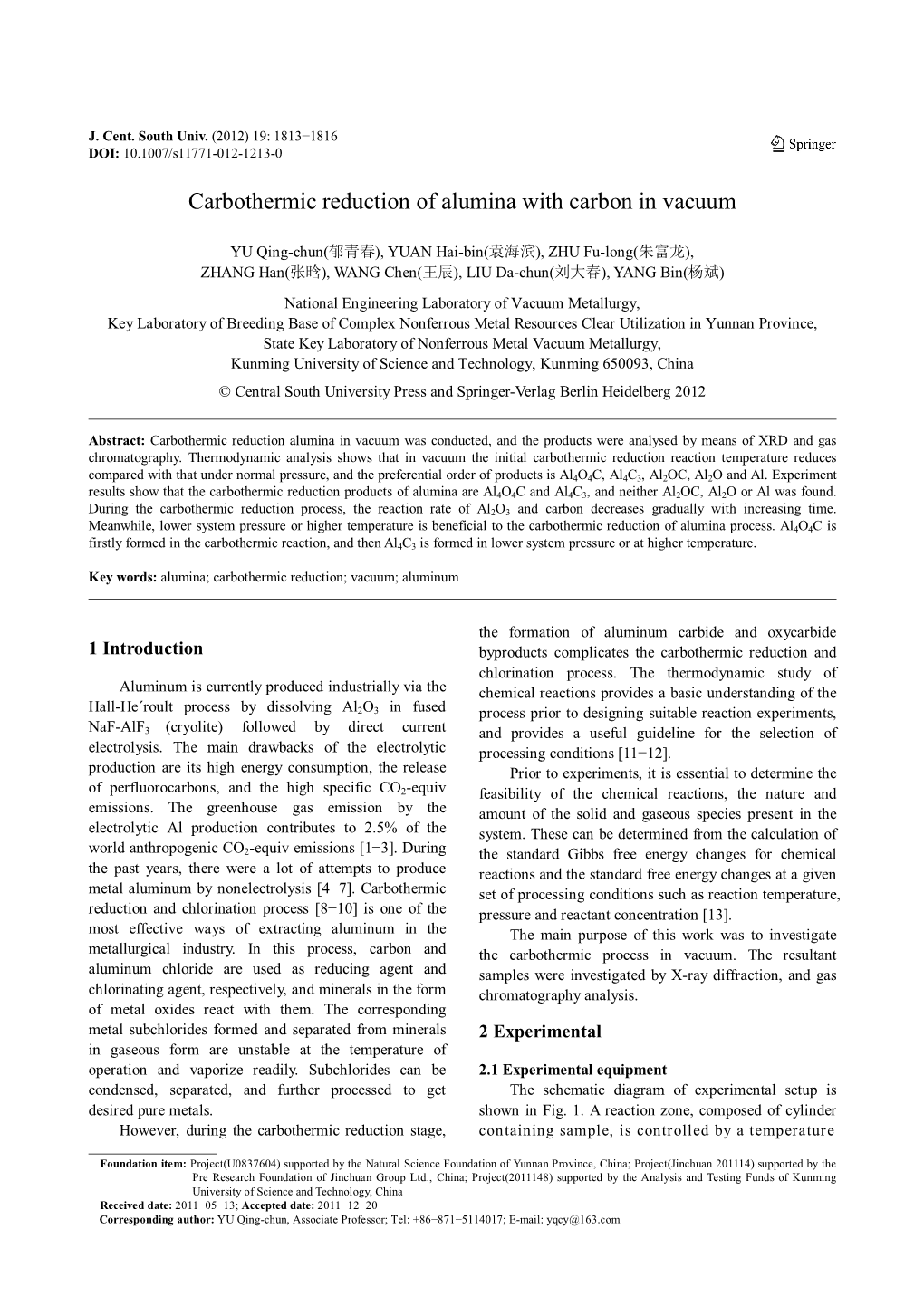 Carbothermic Reduction of Alumina with Carbon in Vacuum