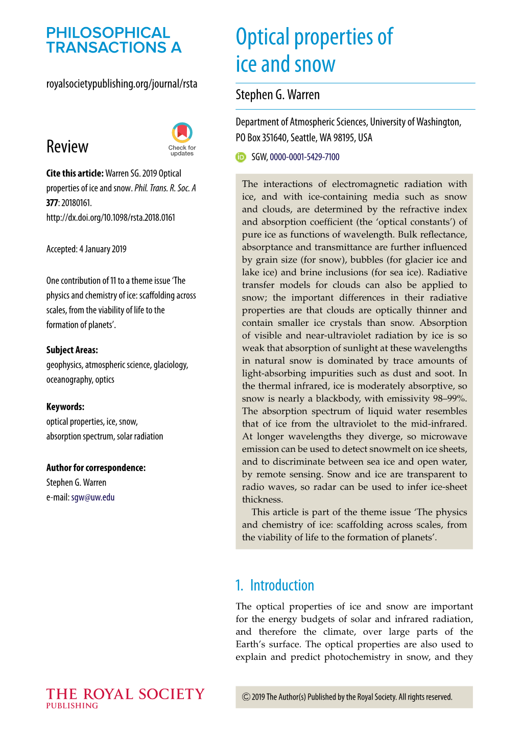 Optical Properties of Ice and Snow Royalsocietypublishing.Org/Journal/Rsta Stepheng.Warren