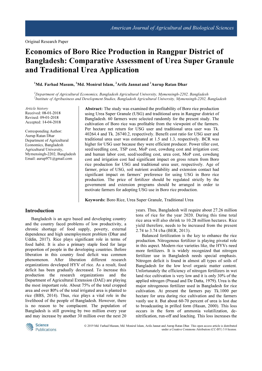 Economics of Boro Rice Production in Rangpur District of Bangladesh: Comparative Assessment of Urea Super Granule and Traditional Urea Application