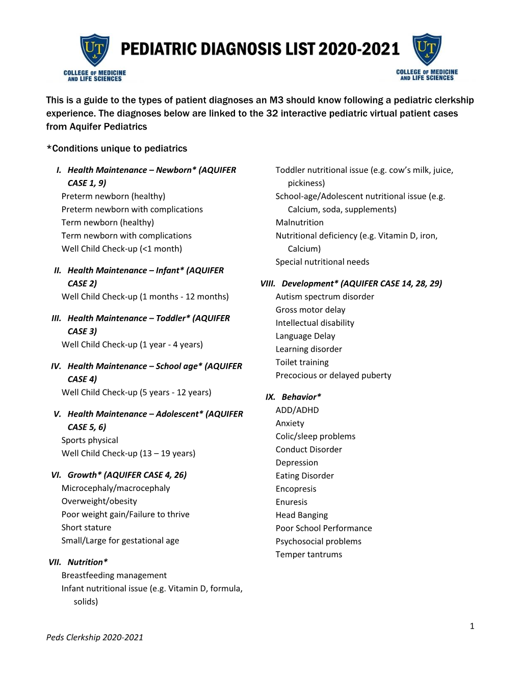 Pediatric Diagnosis List 2020-2021