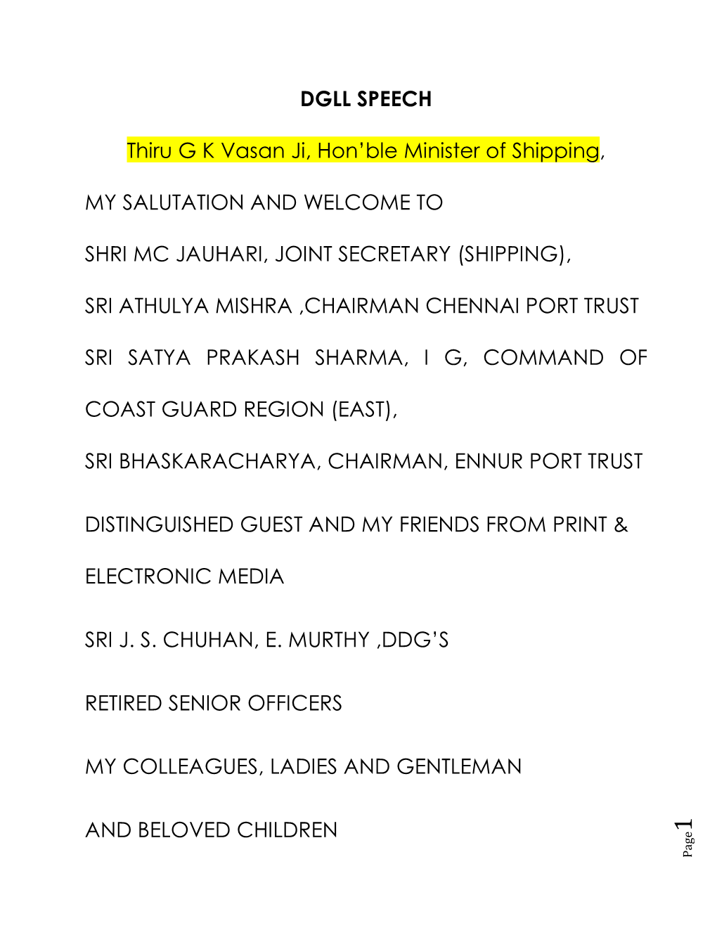 DGLL SPEECH Thiru G K Vasan Ji, Hon'ble Minister of Shipping, MY