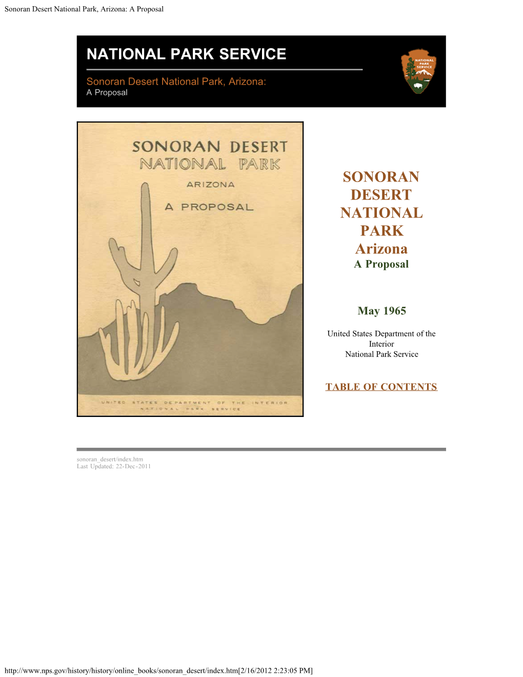 Sonoran Desert National Park, Arizona: a Proposal