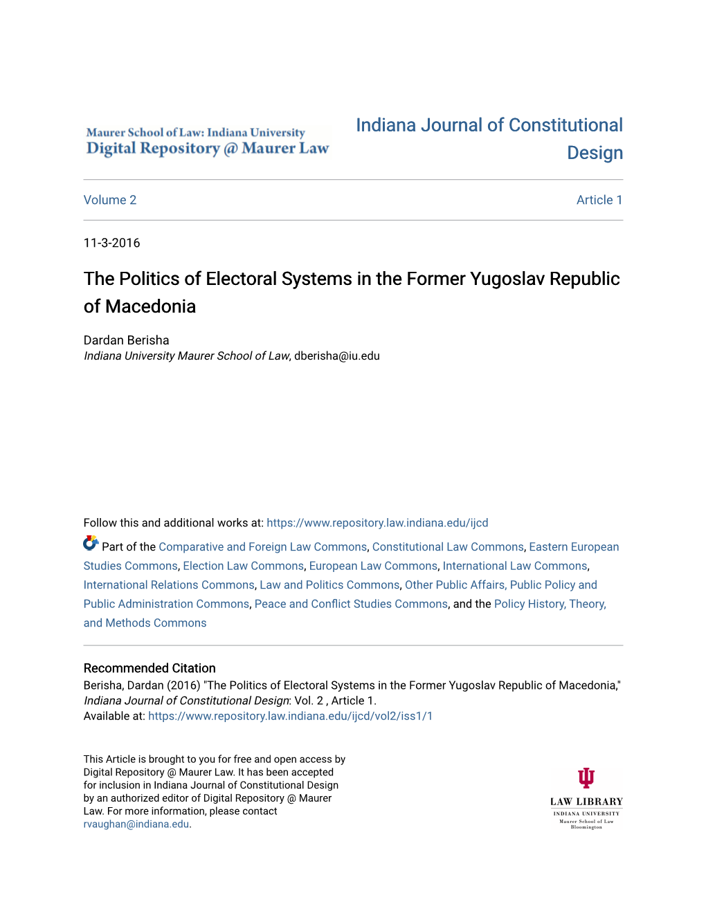 The Politics of Electoral Systems in the Former Yugoslav Republic of Macedonia