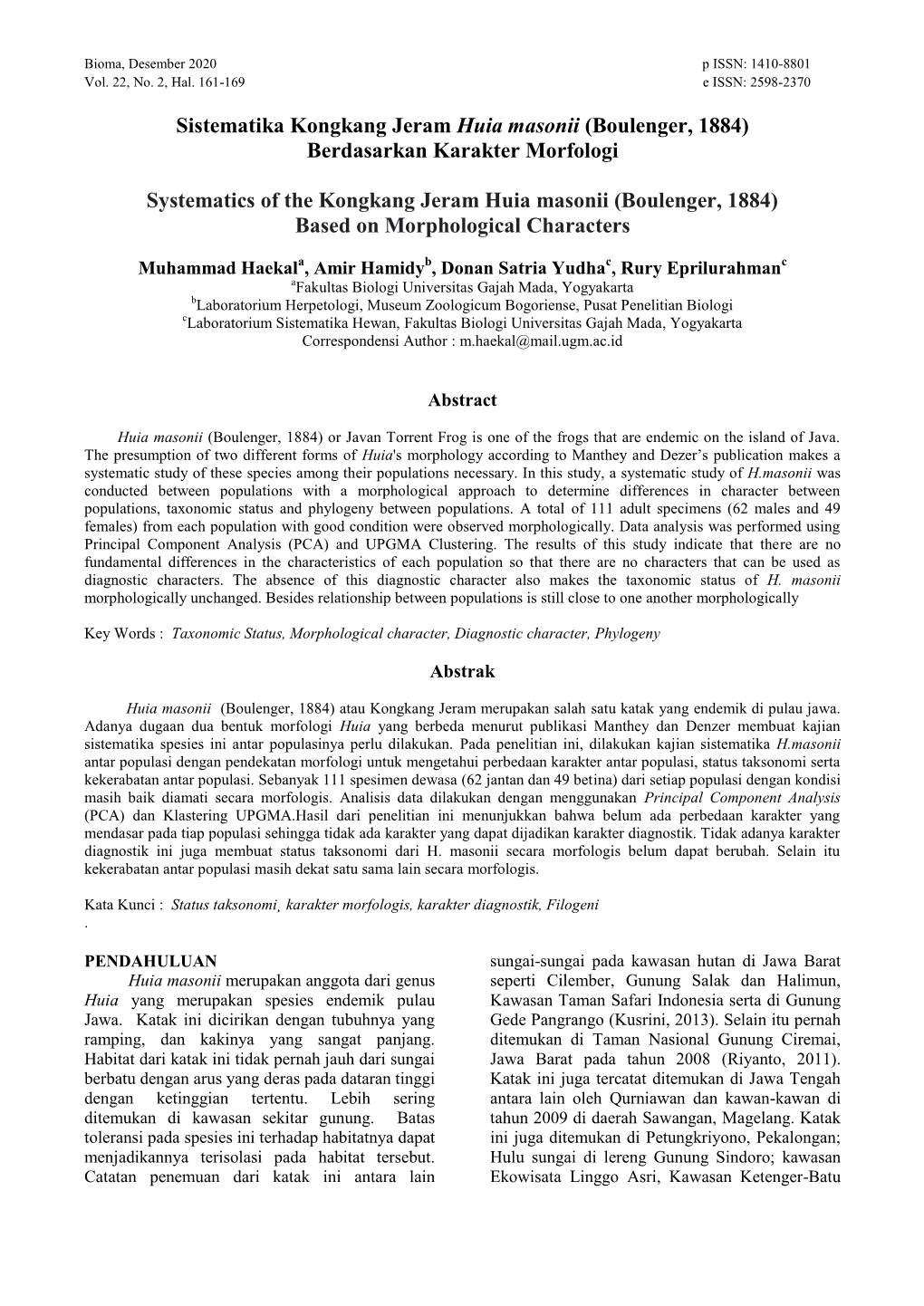 Sistematika Kongkang Jeram Huia Masonii (Boulenger, 1884) Berdasarkan Karakter Morfologi