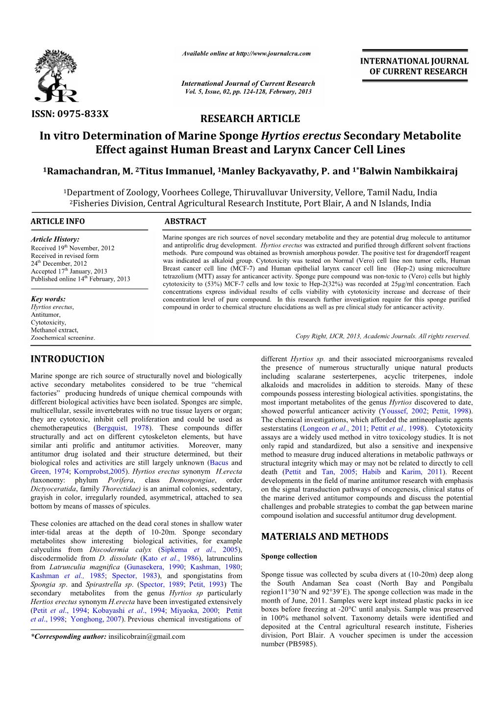 In Vitro Determination of Marine Spon Effect Against Human Breas Ination