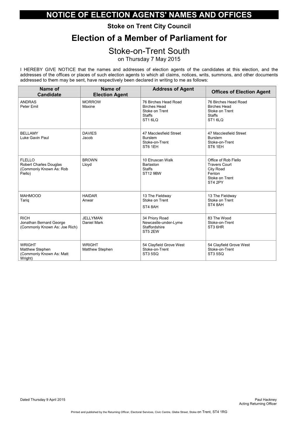 Election of a Member of Parliament for Stoke-On-Trent South