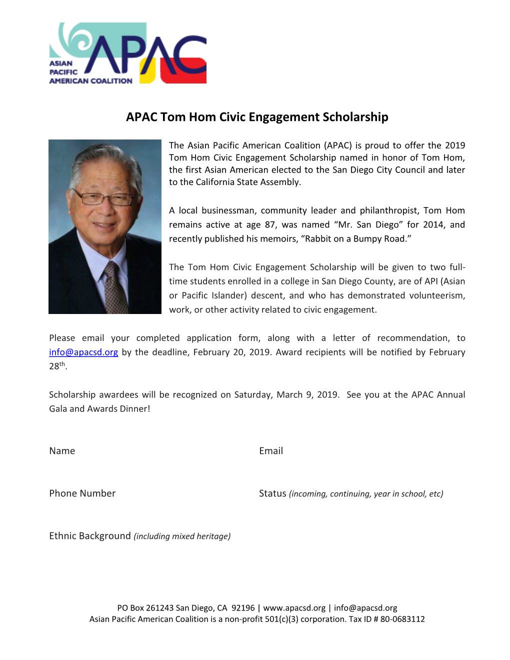 APAC Tom Hom Civic Engagement Scholarship
