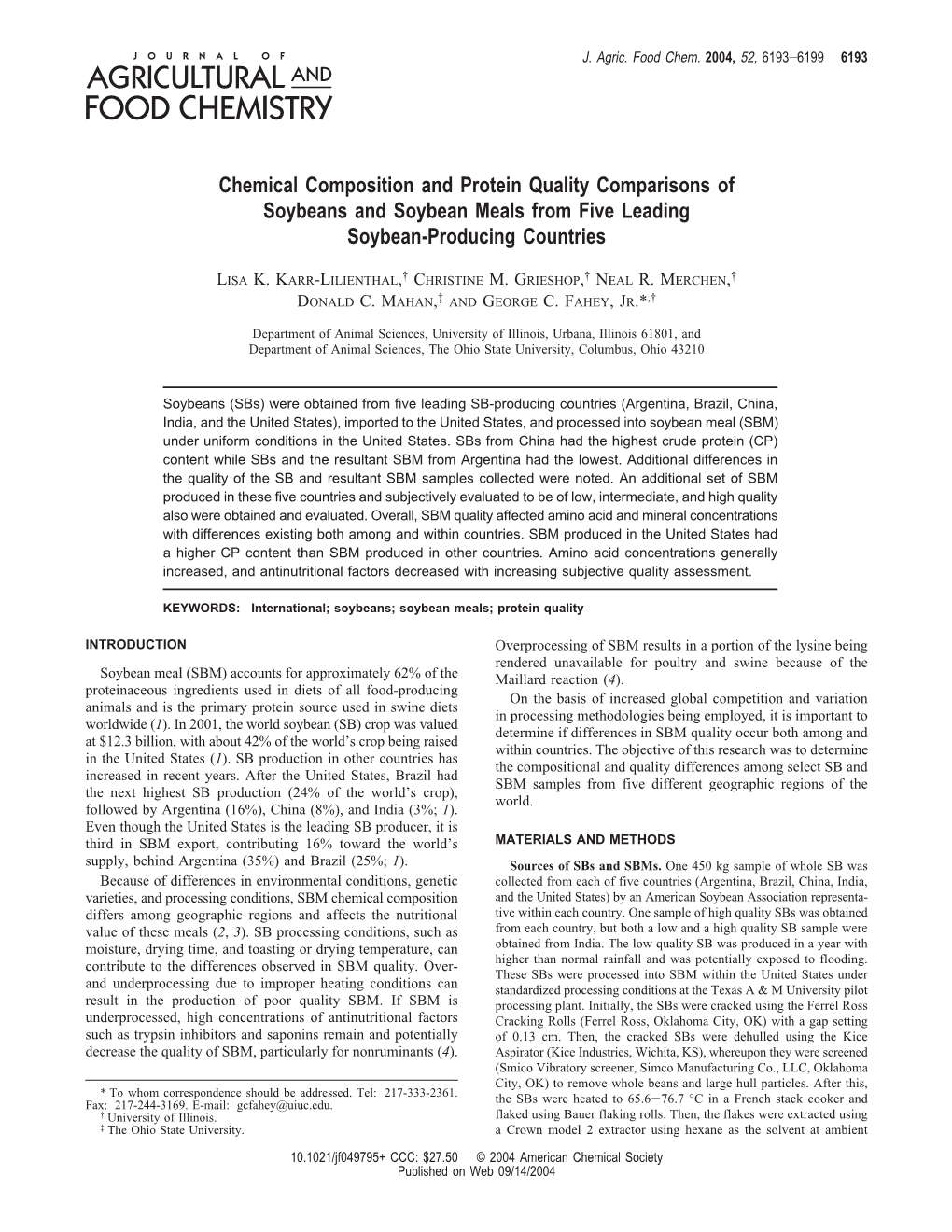 Chemical Composition and Protein Quality Comparisons of Soybeans and Soybean Meals from Five Leading Soybean-Producing Countries