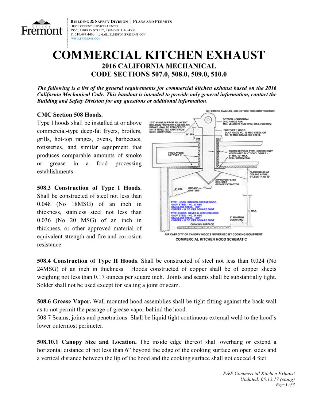 Commercial Kitchen Exhaust 2016 California Mechanical Code Sections 507.0, 508.0, 509.0, 510.0