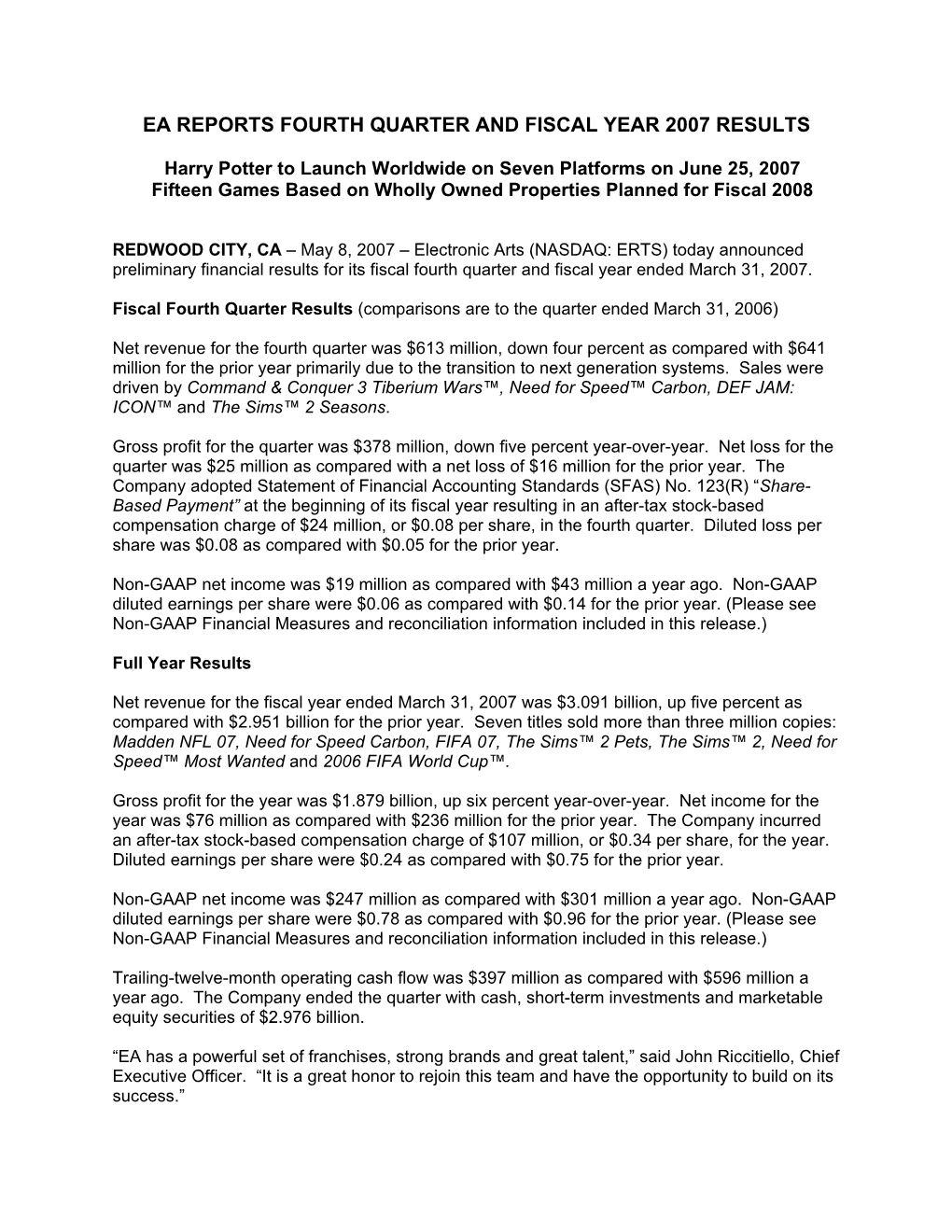 Ea Reports Fourth Quarter and Fiscal Year 2007 Results