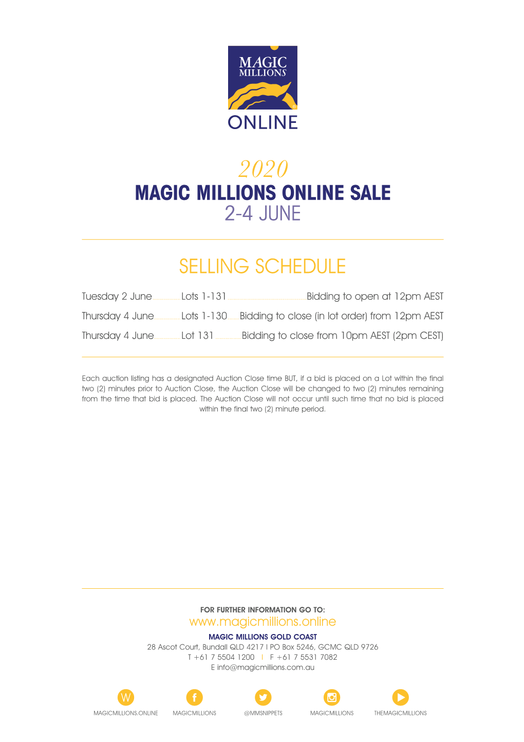 Selling Schedule Magic Millions Online Sale 2-4 June