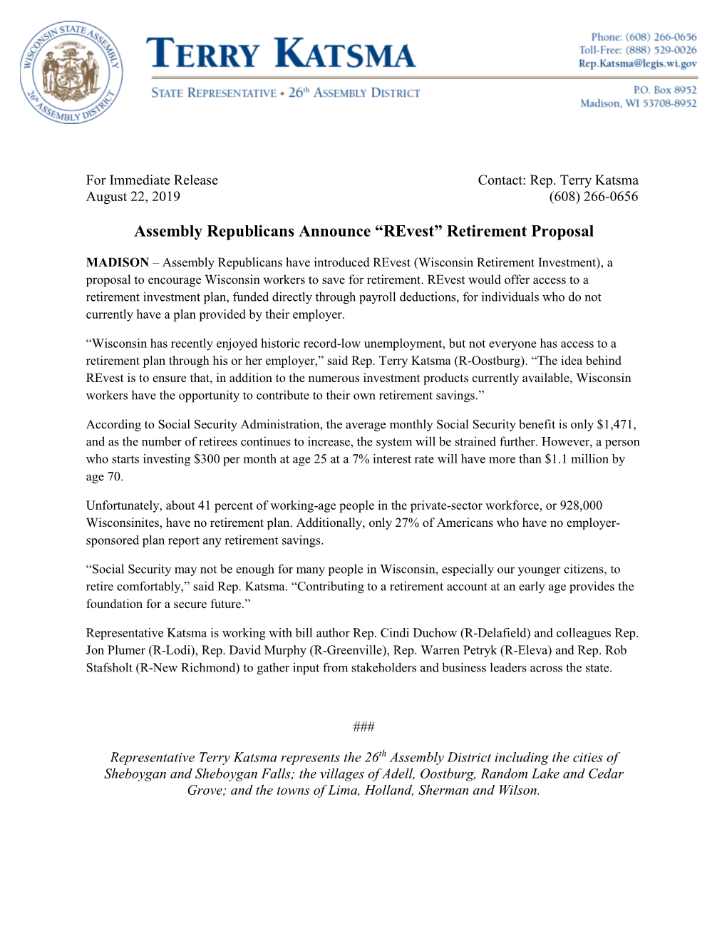 Assembly Republicans Announce “Revest” Retirement Proposal