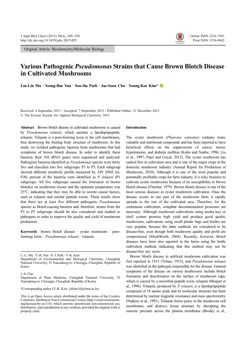 Various Pathogenic Pseudomonas Strains That Cause Brown Blotch Disease in Cultivated Mushrooms