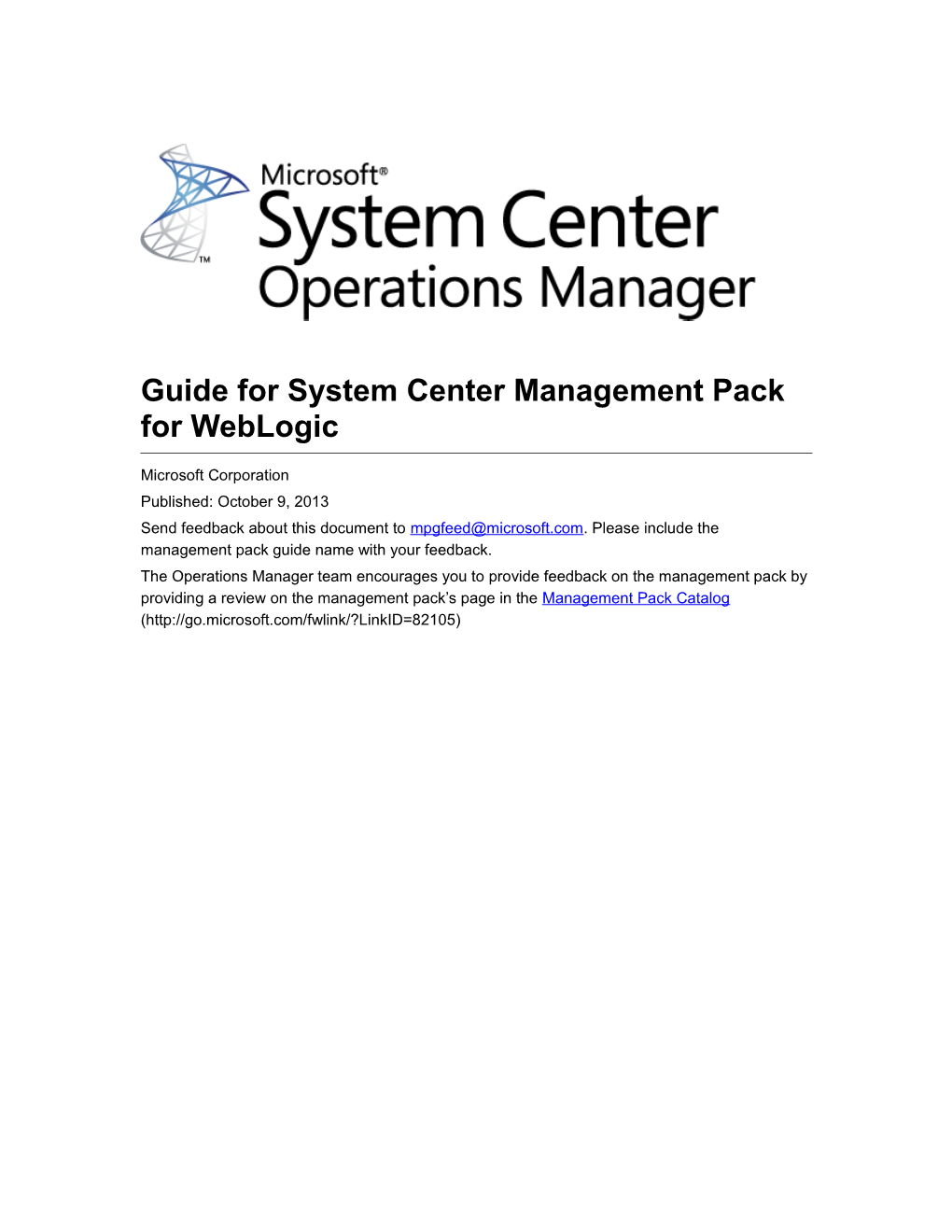 Guide for System Center Management Pack for Weblogic