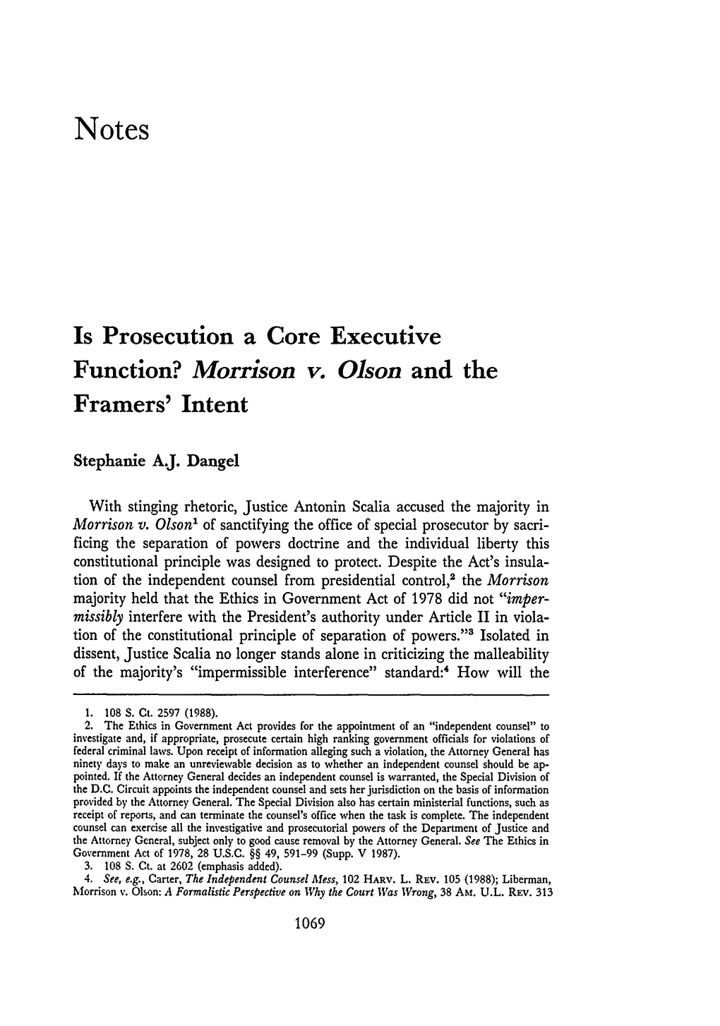 Is Prosecution a Core Executive Function? Morrison V. Olson and the Framers' Intent