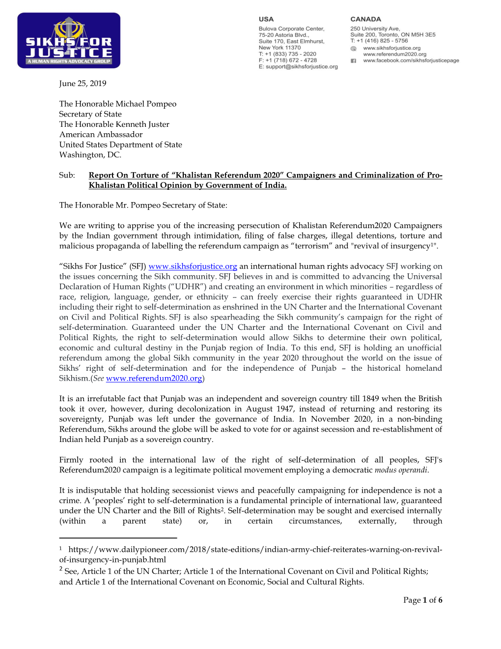 Page 1 of 6 June 25, 2019 the Honorable Michael Pompeo Secretary of State the Honorable Kenneth Juster American Ambassador Unite