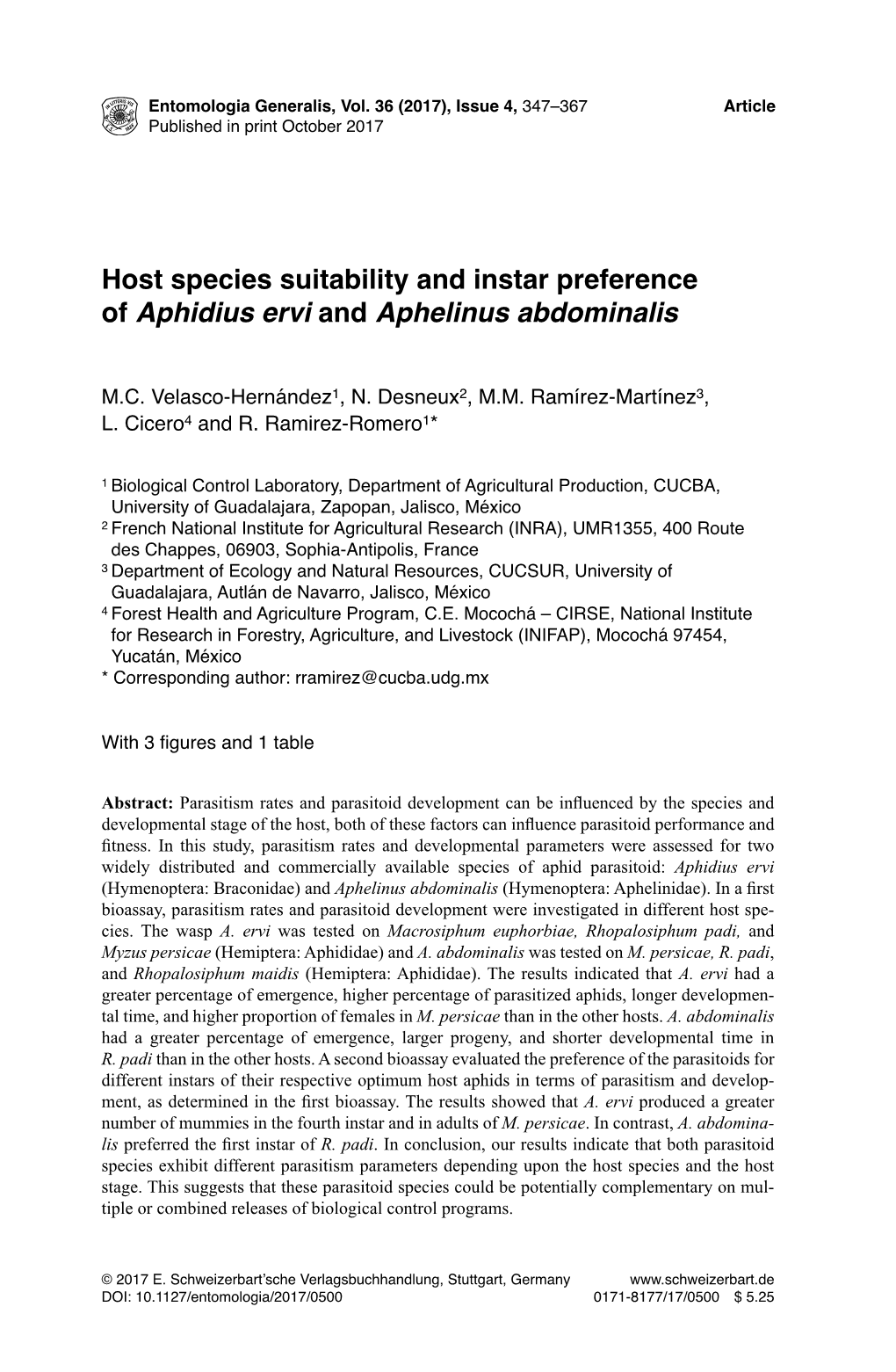 Host Species Suitability and Instar Preference of Aphidius Ervi and Aphelinus Abdominalis