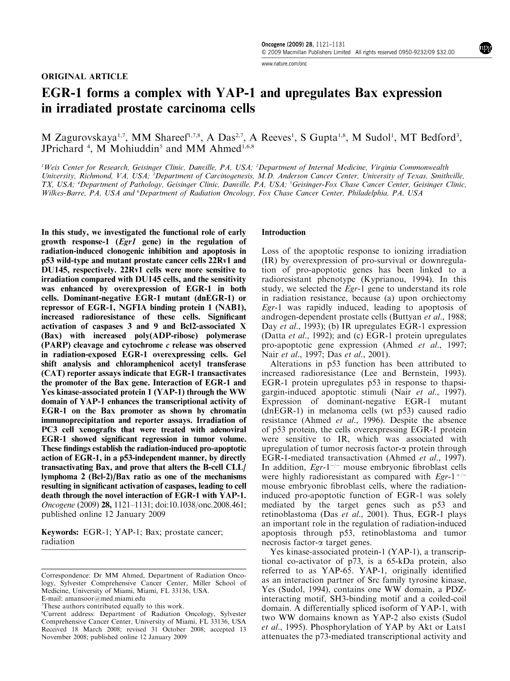 EGR-1 Forms a Complex with YAP-1 and Upregulates Bax Expression in Irradiated Prostate Carcinoma Cells