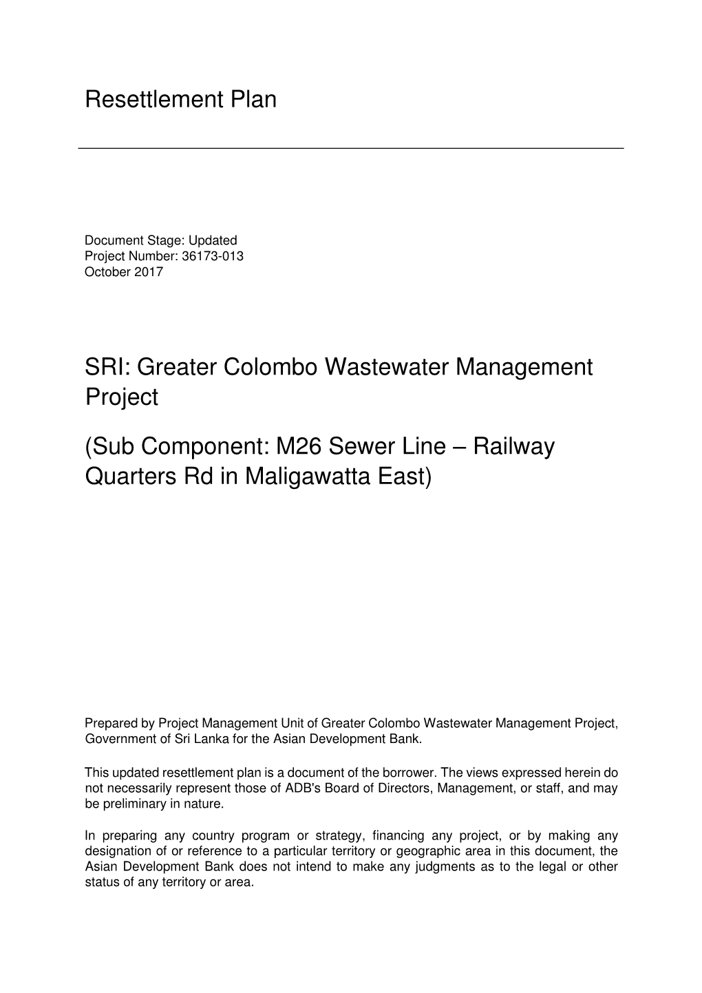 Resettlement Plan SRI: Greater Colombo Wastewater Management