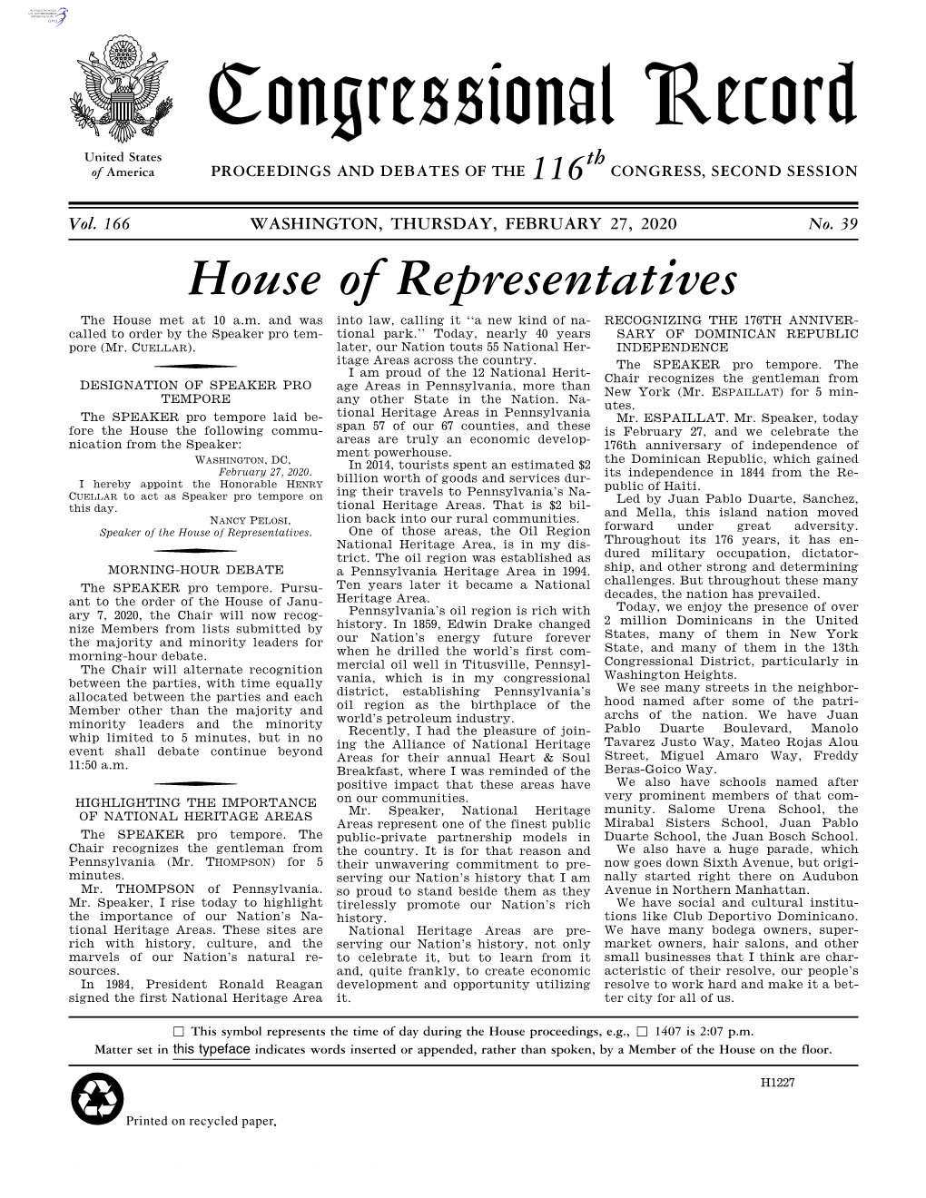 Congressional Record United States Th of America PROCEEDINGS and DEBATES of the 116 CONGRESS, SECOND SESSION