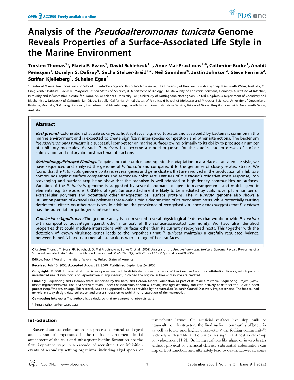 Analysis of the Pseudoalteromonas Tunicata Genome Reveals Properties of a Surface-Associated Life Style in the Marine Environment