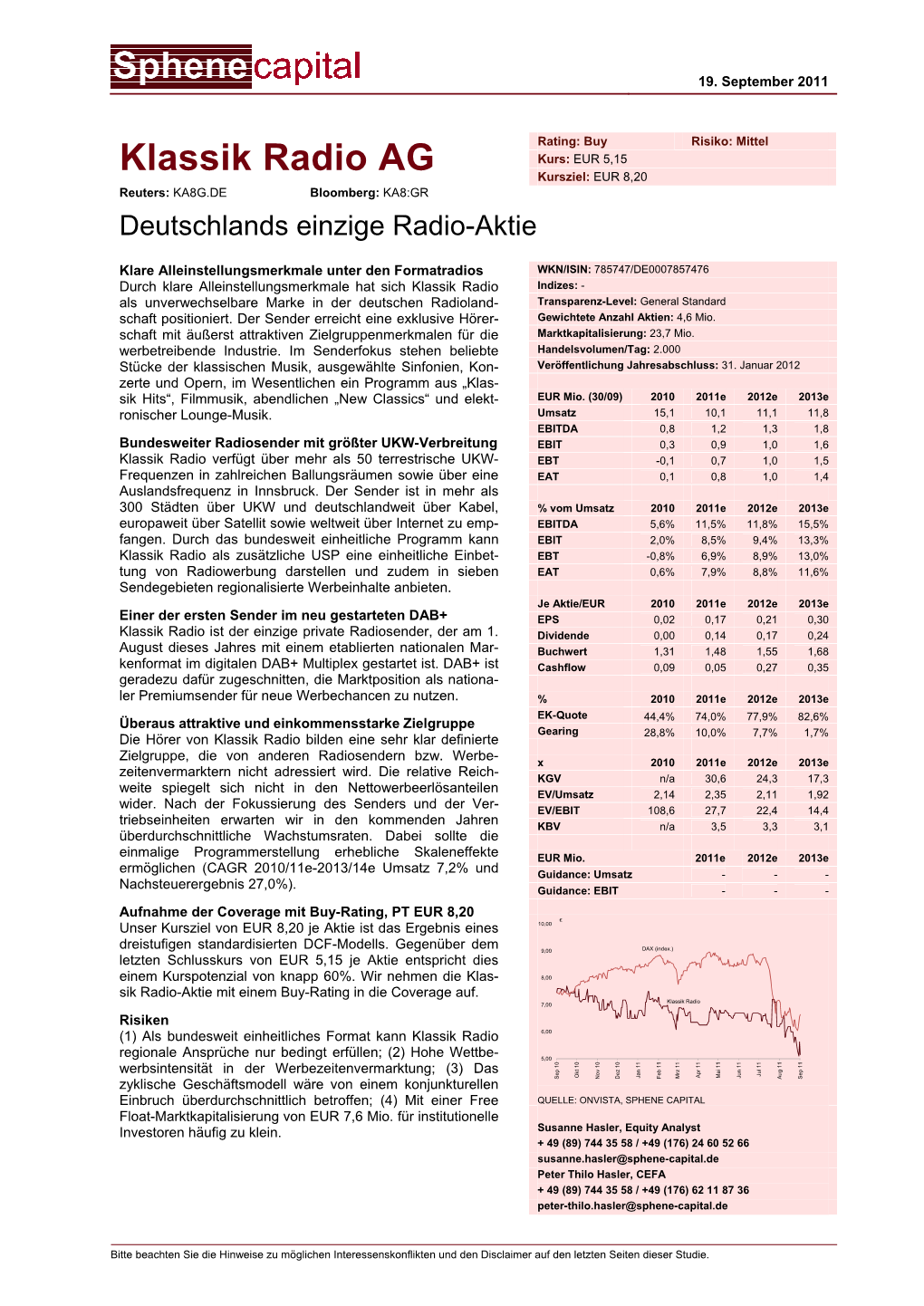 Klassik Radio AG Kursziel: EUR 8,20 Reuters: KA8G.DE Bloomberg: KA8:GR Deutschlands Einzige Radio-Aktie