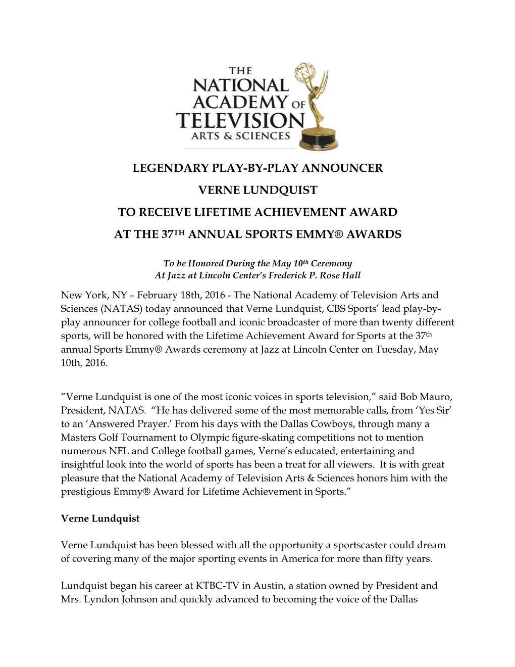 Legendary Play-By-Play Announcer Verne Lundquist to Receive Lifetime Achievement Award at the 37Th Annual Sports Emmy® Awards