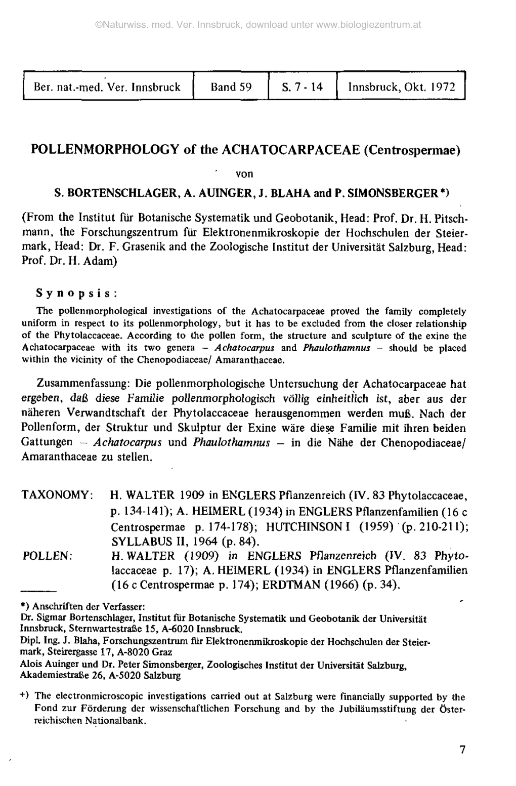 POLLENMORPHOLOGY of the ACHATOCARPACEAE (Centrospermae) Von S