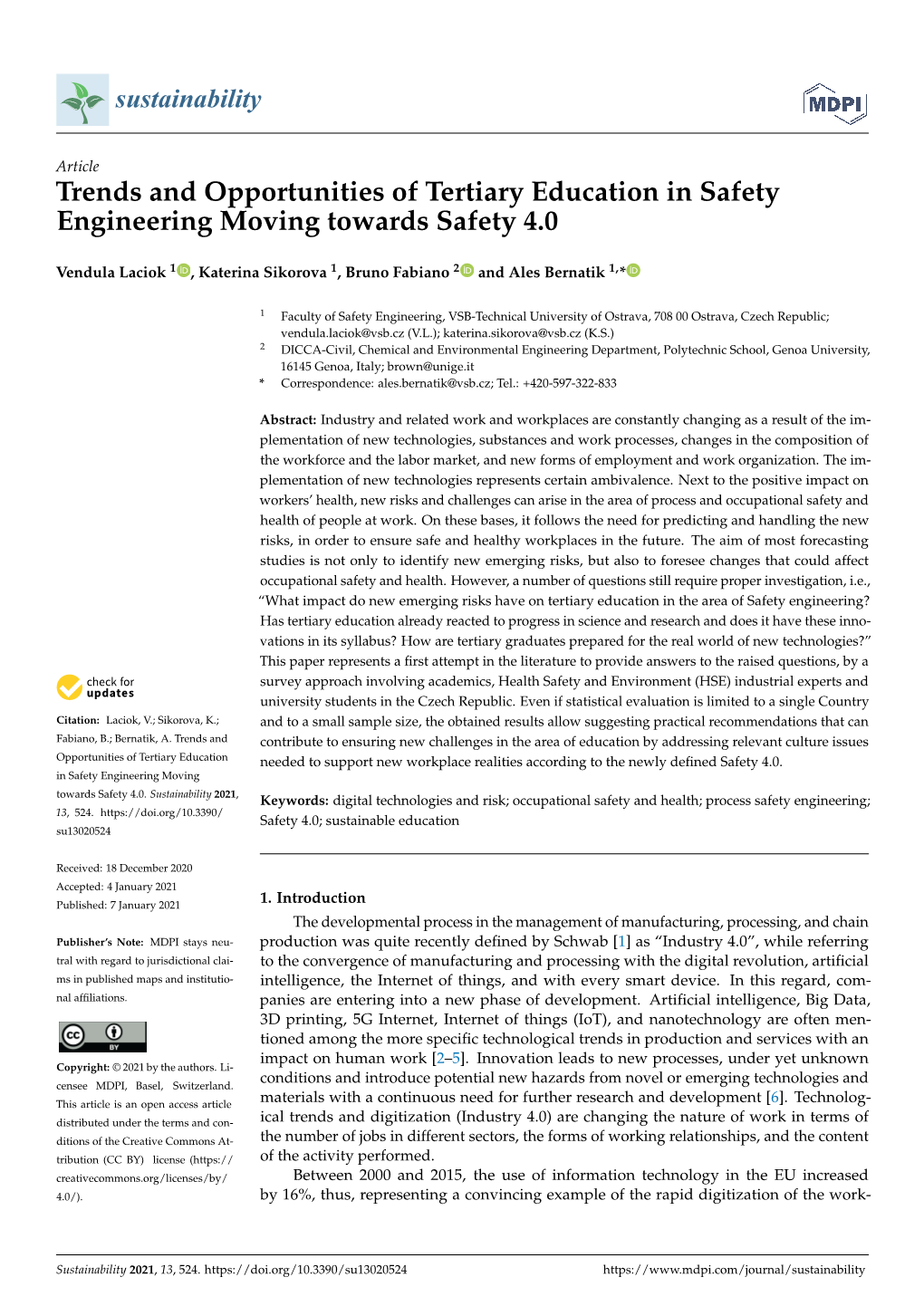 Trends and Opportunities of Tertiary Education in Safety Engineering Moving Towards Safety 4.0