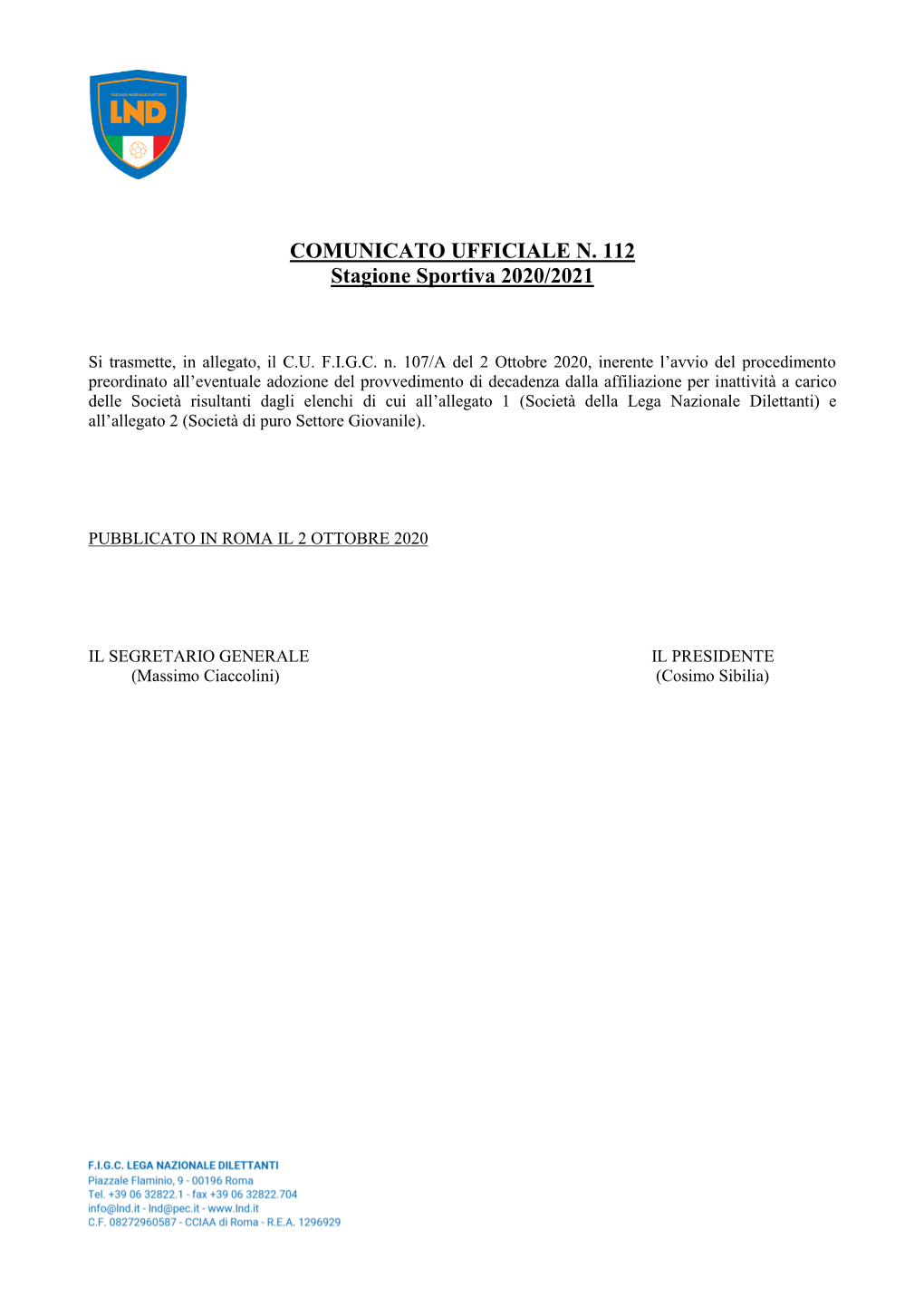 COMUNICATO UFFICIALE N. 112 Stagione Sportiva 2020/2021