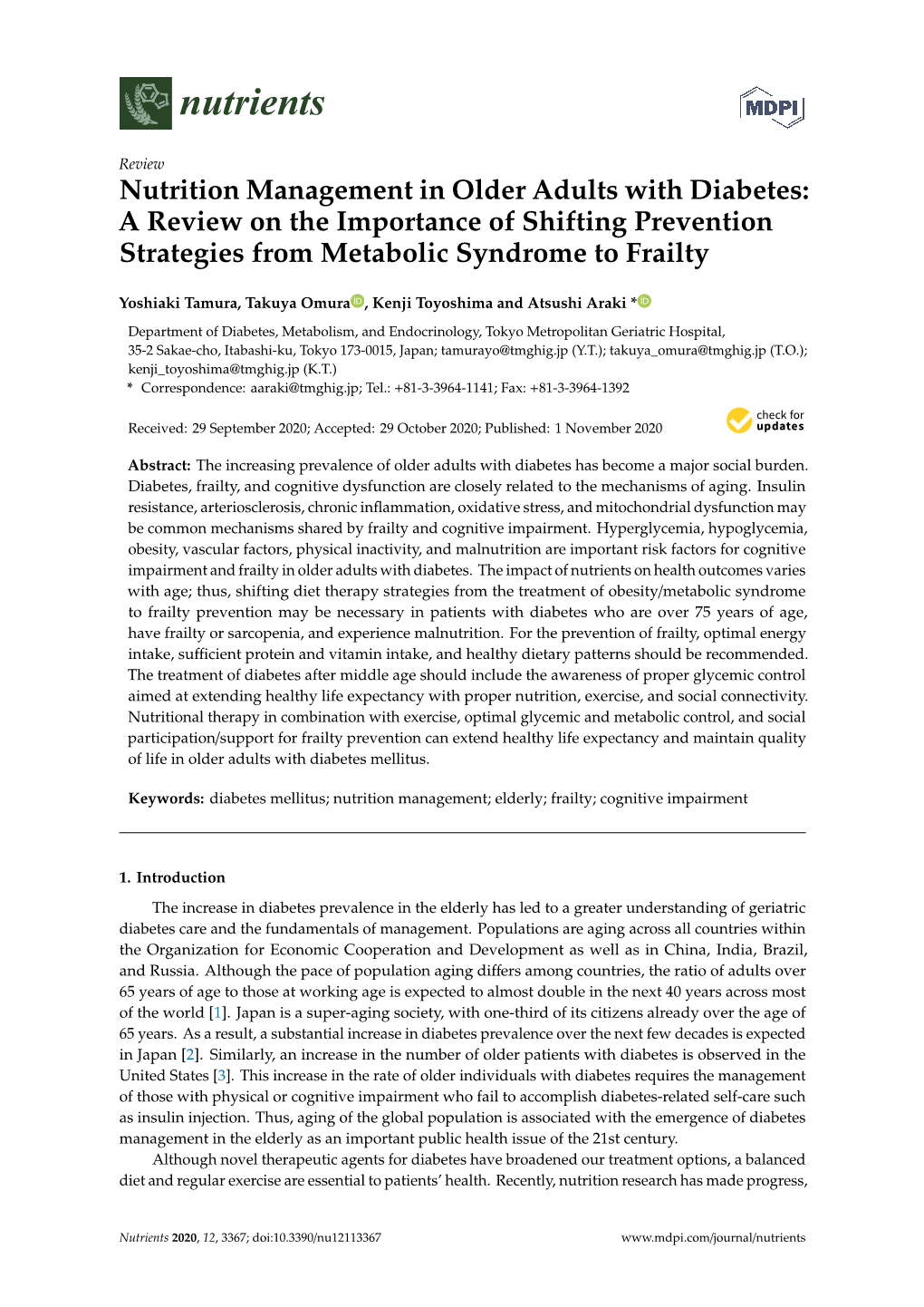 Nutrition Management in Older Adults with Diabetes: a Review on the Importance of Shifting Prevention Strategies from Metabolic Syndrome to Frailty