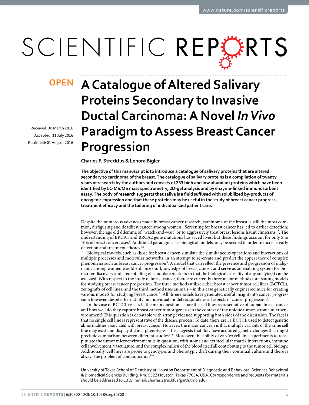 A Catalogue of Altered Salivary Proteins Secondary to Invasive Ductal Carcinoma
