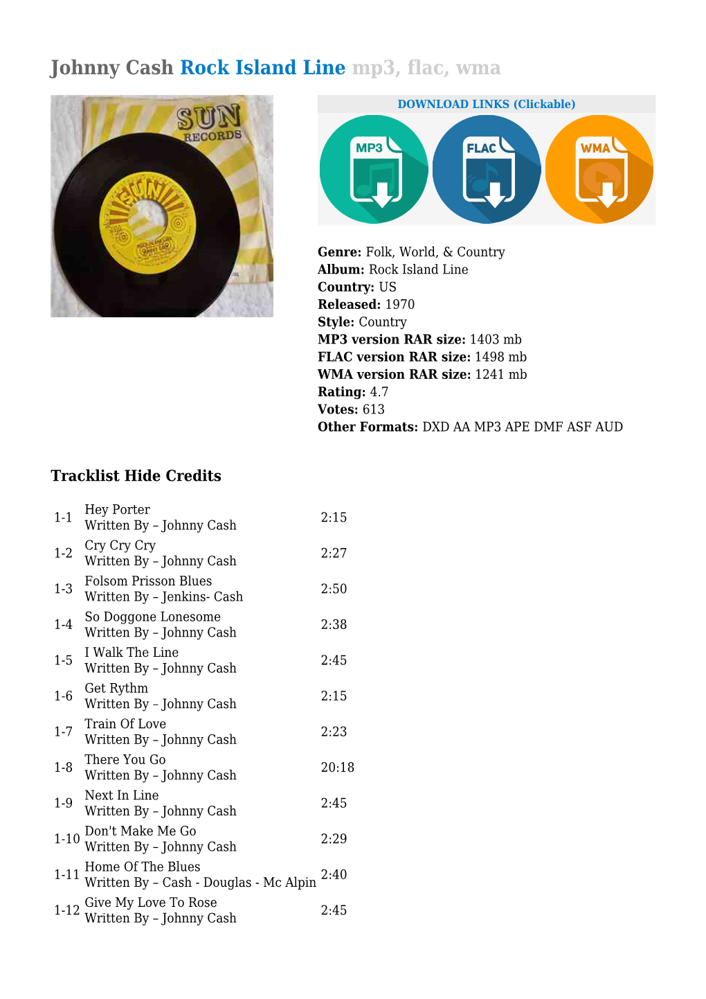 Johnny Cash Rock Island Line Mp3, Flac, Wma