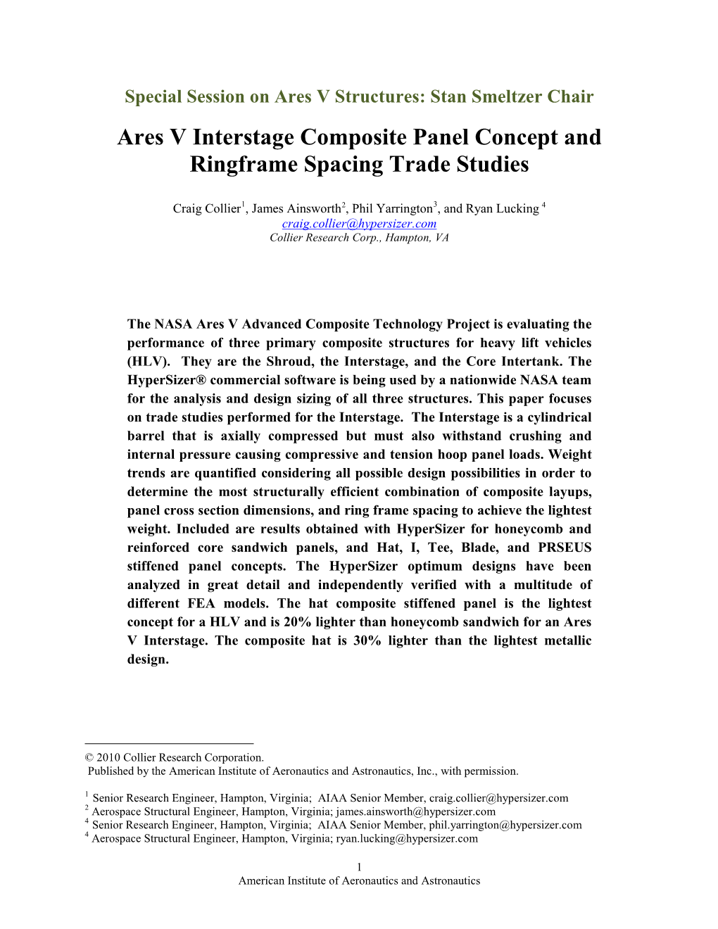 Ares V Interstage Composite Panel Concept and Ringframe Spacing Trade Studies