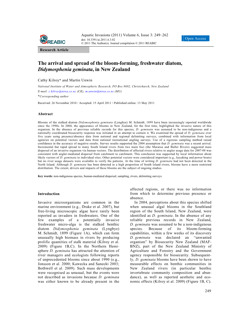 The Arrival and Spread of the Bloom-Forming, Freshwater Diatom, Didymosphenia Geminata, in New Zealand