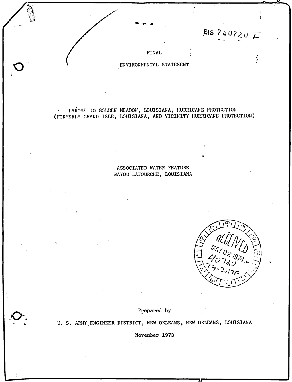 Larose to Golden Meadow, Louisiana: Hurricane Protection (Formerly Grand Isle, Louisiana and Vicinity: Hurricane Protection)