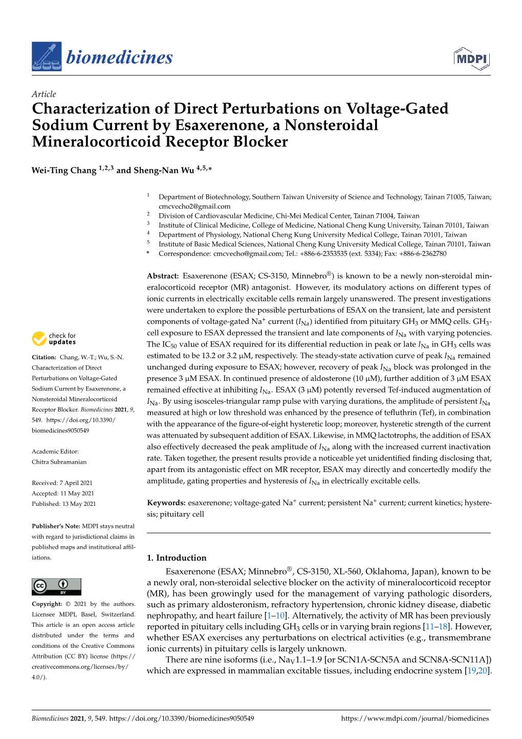 Characterization of Direct Perturbations on Voltage-Gated Sodium Current by Esaxerenone, a Nonsteroidal Mineralocorticoid Receptor Blocker