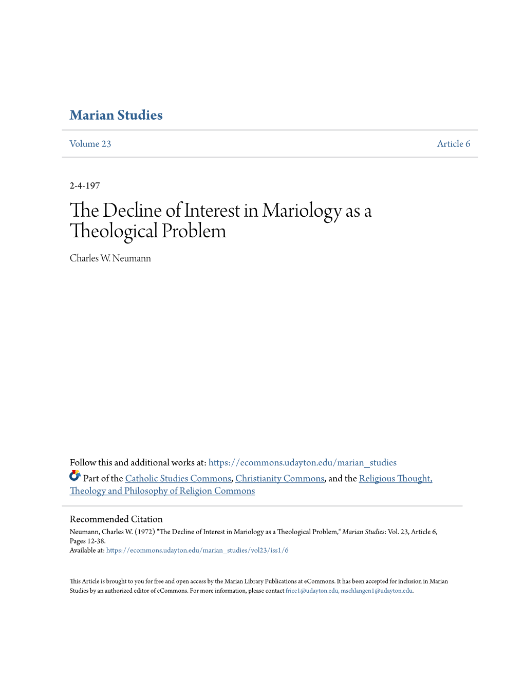 The Decline of Interest in Mariology As a Theological Problem