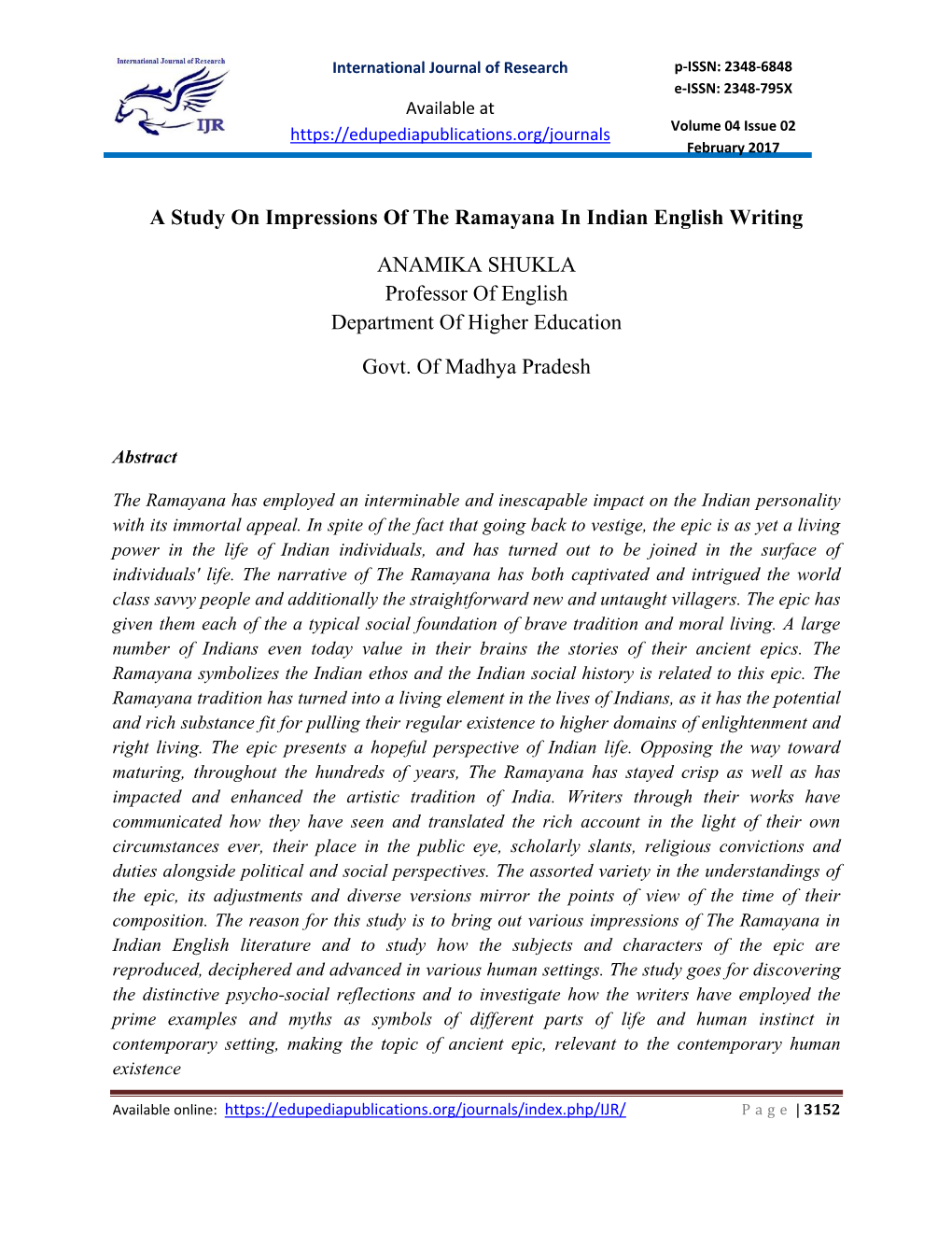 A Study on Impressions of the Ramayana in Indian English Writing