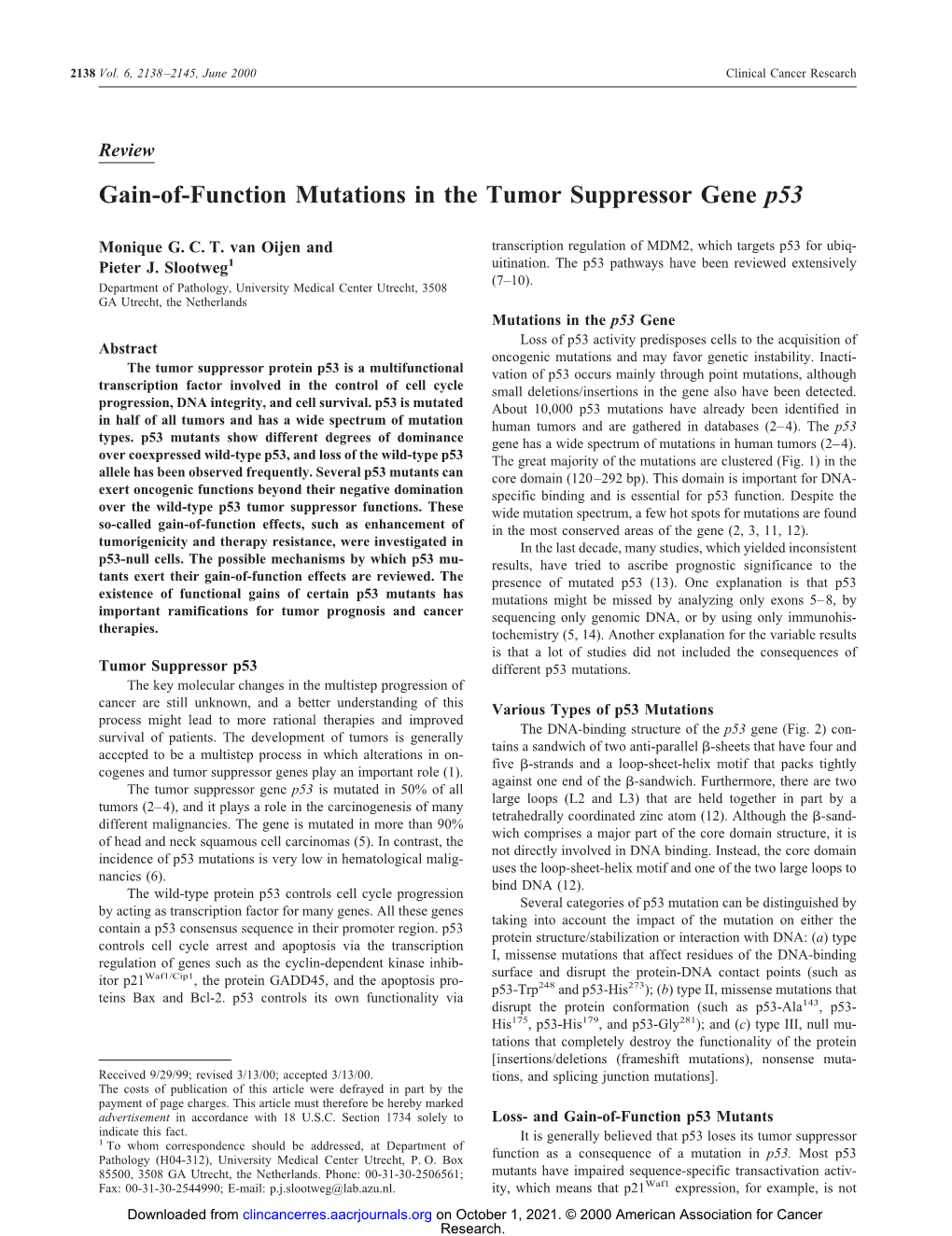 Gain-Of-Function Mutations in the Tumor Suppressor Gene P53