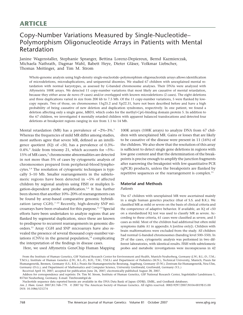 Polymorphism Oligonucleotide Arrays in Patients with Mental Retardation